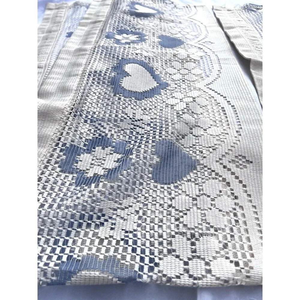 Vintage Louis Hornick 1983 Blue Heart Floral Lace Sidelight Curtain Panels 12x58